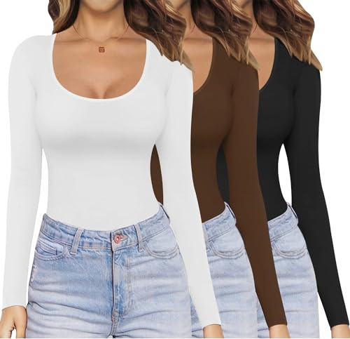 Ekouaer Langarmshirt Damen 1er/3er Pack Dünn Unterhemd Layer Tee Sexy Thermo Shirt Slim Fit Basic Top XS-XXL