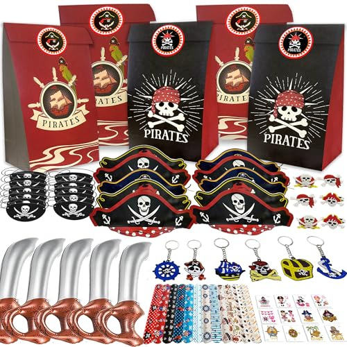 PQKL-party Piraten Party Mitgebsel,Piraten Deko Piratenparty Geschenktüten,Piraten Augenklappe, Piratenhut,Ring,Schlüsselanhänger