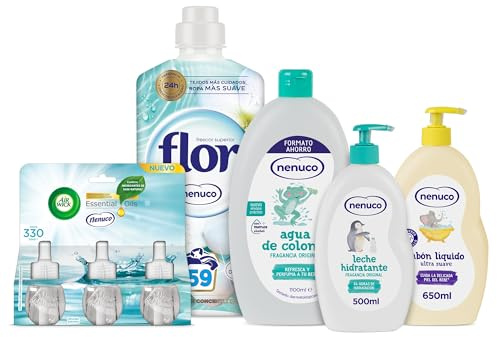 Nenuco Jabón Líquido Ultra Suave, 650 ml + Agua de Colonia, 1100 ml + Leche Hidratante, 500 ml + Suavizante Concentrado, 59 Lavados + Colon Detergente Gel, 34 Lavados + Air Wick Eléctrico, 3 Unidades