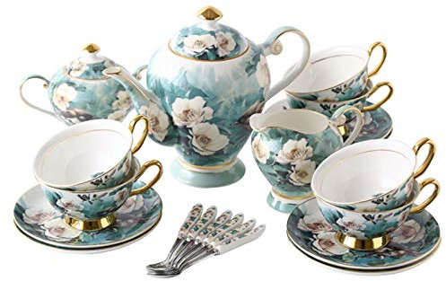 ASumPio Teeservice Mit Teekanne, Teeservice Für Erwachsene, Kaffeetassen-Set, Porzellan-Teeservice Für Den Nachmittagstee, Blaue Blumen, Zuckerdose, Milchkännchen, Löffel,