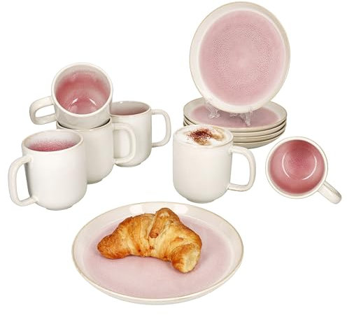 MamboCat Reactive Glaze Paris Service de petit-déjeuner 12 pièces - Crème et rose - Pour 6 personnes - Vaisselle en faïence pour le petit-déjeuner et le café - 6 assiettes et 6 tasses de 350 ml