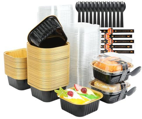 RETON 100 mini moldes para tartas con tapas, moldes de papel de aluminio de 5 onzas para hornear cupcakes, mini moldes para tartas con calcomanías y tenedores, moldes pequeños para tartas de pan para