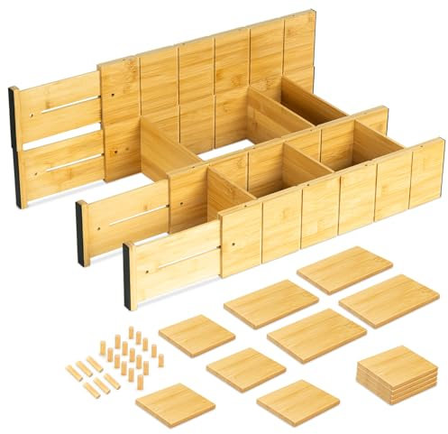 Hengsong Schubladentrenner Verstellbar(10cm Hoch,Länge 42.3-56.2 cm),4er Schubladenteiler Set mit 12-Holzspäne&22 Holzstifte,für Schubladeneinsatz Küche,Schubladen Organizer Büro,Bambus,Natur