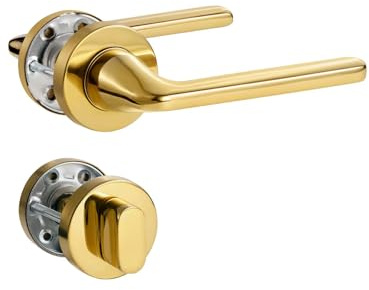SORWDUERM Türgriff Pvd Gold Drückergarnitur, Edelstahl matt, Türklinke für Haustür und Innentür, L-Form, Rund-Rosette, WC
