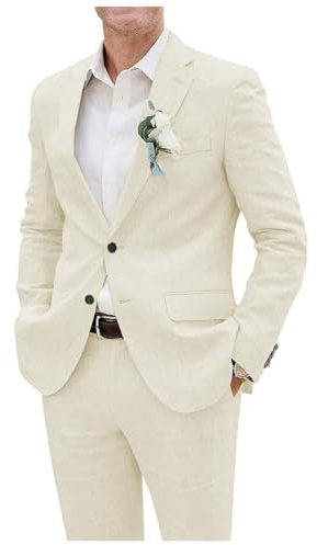 Pantalones tipo blazer de lino de 2 piezas para hombre, con solapa de muesca de un solo botonadura, esmoquin ligero para negocios y bodas