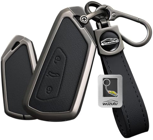 WUZUTU Custodia per chiave auto in pelle PU, compatibile con VW Golf 8 ID4 per Seat Leon MK4 per Skoda Octavia RS per Cupra Terramar, custodia portachiavi Keyless Go, 3 tasti, colore nero