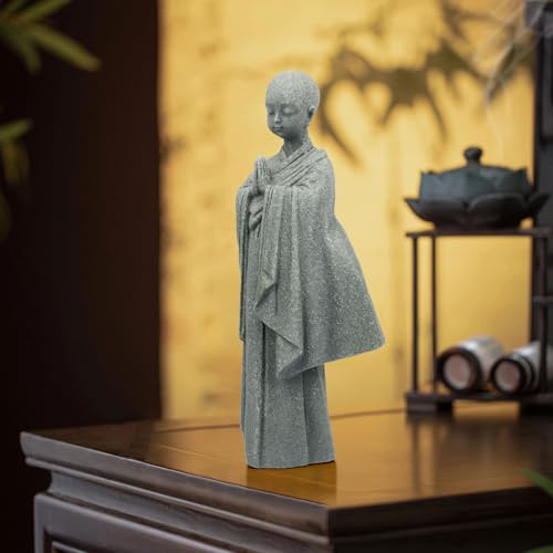 BEIZHAN Stone Buddha Statue for Home, Meditating Monk Statue with Praying Hands, Exquisite Asian Zen Decor for Home/Office (5.3 Inch)