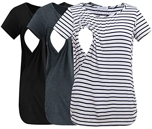 Smallshow 3 Pack Amningstoppar Korta ärmar Sida Ruched Amningskläder,Black-Deep Grey-White Stripe,XXL
