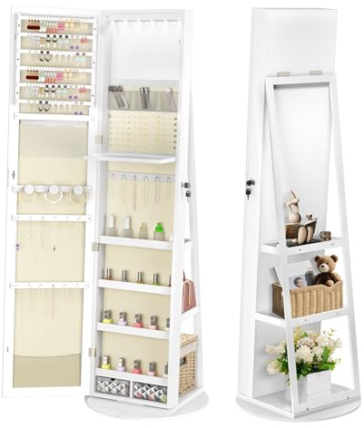 FIVMEN Schmuckschrank mit Spiegel Spiegelschrank Schminkschrank 360° Drehbarer mit 6 LEDs Abschließbar Schmuckaufbewahrung Make-Up Organizer 3 in 1 mit Ganzkörperspiegel Standspiegel, Weiß