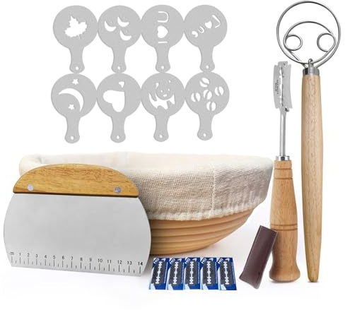 Sourdough Starter Kit - Natural Banneton Proofing Basket with Linen 10 Inch with Dough Scraper, Lame, 2 Circle Whisk and 8 Pc. Stencil Set - Bread Making Accessories Tools, Sour Dough Proving Basket