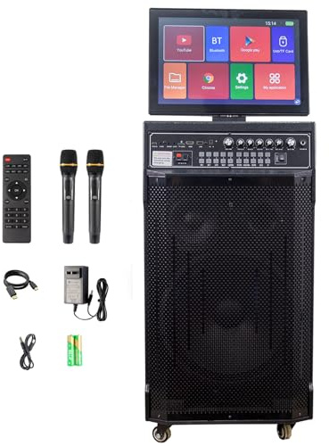 AAPXXINI Máquina de Karaoke de 14.4 con Pantalla táctil | Sistema de PA portátil con 2 micrófonos inalámbricos | Altavoz WiFi Bluetooth para Fiesta al Aire Libre en casa |Sistema Android 40-400W