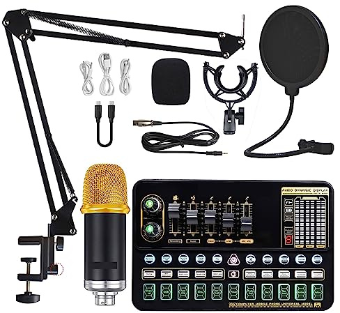 Tarjeta de sonido, Kit de tarjeta de sonido de paquete de micrófono de condensador con brazo de tijera de suspensión de micrófono ajustable micrófono de Karaoke inalámbrico de estudio profesional(Gold