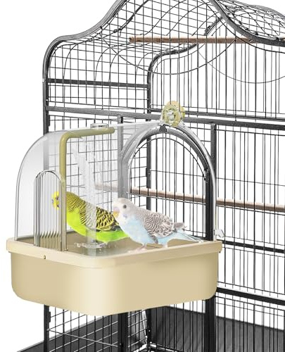 Umisu Hängende Badehaus Vogel Badewanne, Automatisches Vogelbad mit Pumpe/Filter, Vogeltränke Bad Dusche Vogelkäfig Zubehör für Sittiche Papagei Wellensittich (Beige)