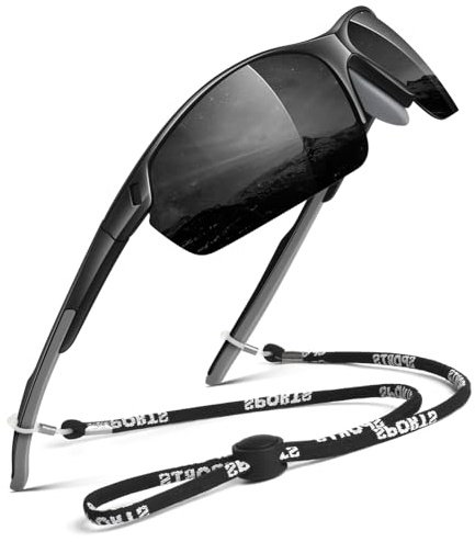 LINVO solglasögon män kvinnor polariserade flexibel TR90 halvram ram Wraparound 100 % UV400 skydd sport solglasögon körning fiske, svart och grå, M
