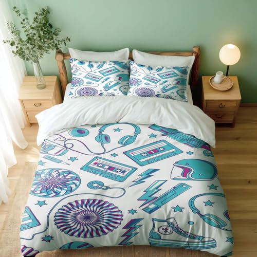 Vintage Retro Cartoon Skating Shoes and Skateboard Duvet Cover Set, 3pcs Bedding, Lightning, Cassette Tapes for Boys Kids Bedroom (04,Queen 90x90in + 20x30in)