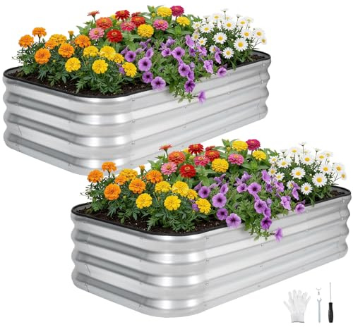INNO STAGE Adjustable Raised Garden Bed, 120 x 60 x 30cm Metal Planter Boxes Outdoor for Growing Vegetables, Herbs, Flowers Steel Plant Raised Garden Bed Kit - Silver 2Pack