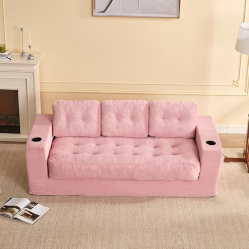 Litbird 3-Sitzer Sofa 190 cm für Wohnzimmer,Set of Boneless Cord-Bodensofa mit Kissen, Armlehnen & Doppel-Getränkehaltern, mit Rückenlehne, kein Aufbau nötig, kleines Mini Sofa, Rosa