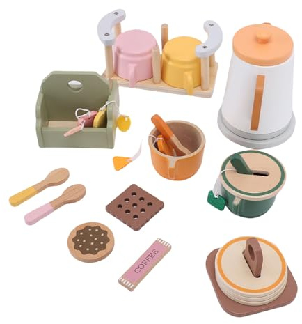 Generic Service à thé en Bois, Fait Semblant de au thé, Jouet avec 29 Pièces, Accessoires de Cuisine, Tasses, Cuillères, Bouilloire, Support, Pièces de café pour Les Petites Filles en