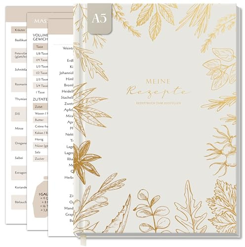 Rezeptbuch zum Selberschreiben, Saisonkalender, 100 Rezepte, Beige | 102 Rezepte à 2 Seiten, Umrechnungstabelle, Saisonkalender Obst & Gemüse, Kräuterführer, Zutatenersatz, A5, 120g Papier