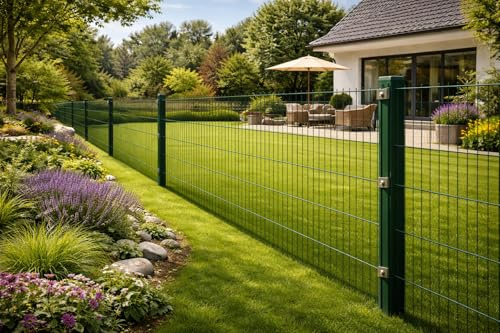 Terrasse2000 Doppelstabmattenzaun Komplettset 6/5/6 mm – Metall Gartenzaun mit Pfosten – verschiedene Höhen und Längen (Grün, 30 m x 83 cm)
