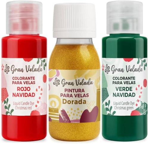 Gran Velada - Pack ahorro Colorante para Velas de Navidad | Colorantes Rojo y Verde de 30 ml + Pintura Dorada 60 ml | Tinte líquido para velas de soja y parafina | Material para hacer velas DIY fácil