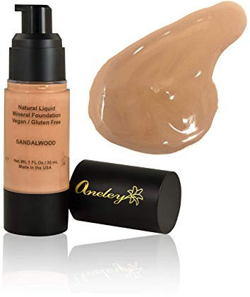 liquid mineral foundation organic natural vegan cruelty free chemical free full coverage aloe base highly pigmented lightweight formula acts as a moisturizer, sunblock and skin care (Sandalwood)
