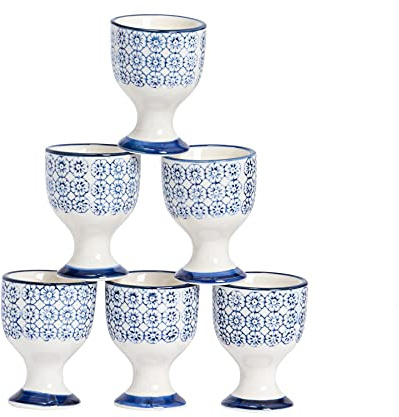 Nicola Spring Argon Tableware Hand Printed Egg Cups - Pack of 6 - Navy Stoneware Breakfast Brunch Easy Clean Hard Soft Boiled Eggs Dipping Holder Stand for Breakfast, Brunch