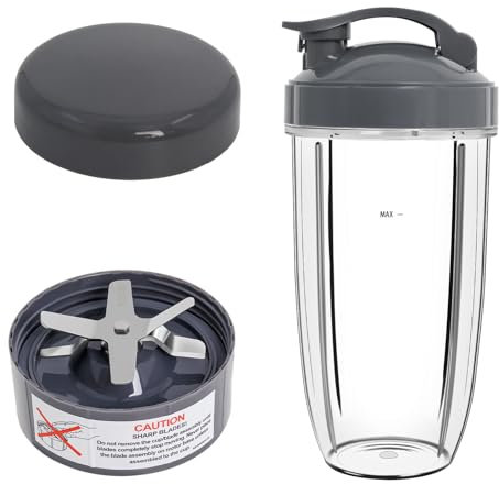 Blender 24OZ Cup Replacement Compatible with NutriBullet 600w Pro 900w Machine NB-101S NB-201, Flip Top to-Go Lid, Seal Lid and Extractor Blade Blender Accessories Kit by Poweka, Grey (24OZ)
