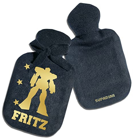 Personalisierter Wärmflaschen-Bezug für Jungen Männer Mann mit Namen und Motiv von SupaRina, Farben u. Motiv nach Wahl, kalt oder warm, Fleece 28x16 cm, auch mit Flasche: 0,8 l Naturgummi