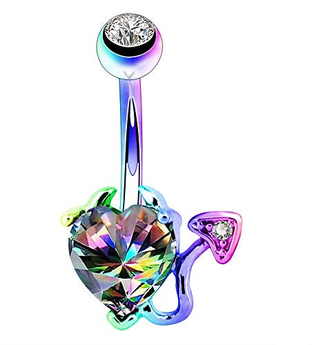 OUFER Bauchnabelpiercing 14G Edelstahl Belly Piercing Devil Heart Navel Piercing Belly Button Rings Iridescent CZ Bauchnabel Ring