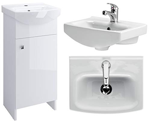 VBChome Badrumsmöbler, vit, 40 cm, handfat med diskbänk, underhandfat, glänsande badrumsmöbler, stående