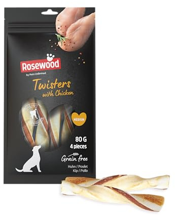 Rosewood Twisters Pollo Medium - Snack para masticar sólido para perros, palo de pollo y piel de res, promueve la higiene dental, sin cereales ni gluten, sin aditivos artificiales, 80 g