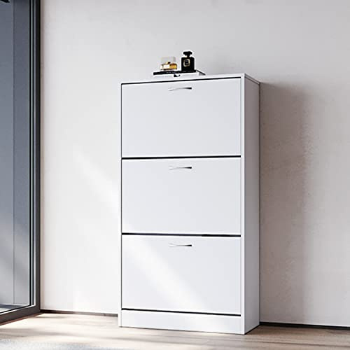 SONNI Schuhschrank mit 3 Klappen, 3 verstellbare Ablage, Weiß, 63x30x120cm | Maximal 27 Paar Schuhe aufnehmbar, Schmal Schuhkommode mit Stauraum Schuhablage für Flur, Eingangsbereich