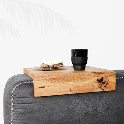 holzblock Coffy Premium Sofatablett Holz | Armlehnenablage Sofa-Butler | Couch Ablage | Getränkehalter für Kaffee & Tee | Holztablett Sofa | Couch Tablett aus Eiche, Nuss (Eiche, 28cm)