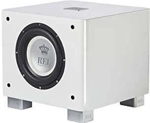 REL T/7 x 20,3 cm driven subwoofer – kompakt förseglad design med klass AB-förstärkare, cinch-ingångar och djup bas för Hi-Fi-stereo, hemmabio och surroundljud – högglans-vit