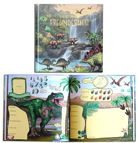 Freundebuch Dino“ Freundebuch für Jungen und Mädchen – Freundschaftsbuch für Kindergarten oder Grundschule - Geschenk zur Einschulung - Schulfreundebuch zum Ausfüllen im Dinosaurier Design