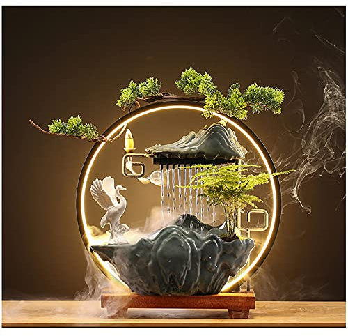 HSINYA Crane Tabletop Water Fountains Indoor Waterfall with LED Light Mist Desk Fountain for Feng Shui Wealth Boom with Mist and Backflow Incense Holder for Meditation Planting