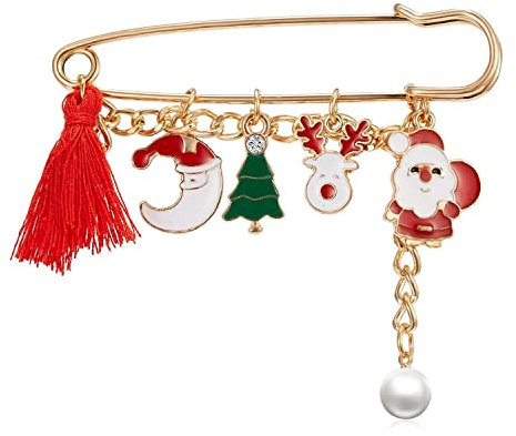 Brosche als Sicherheitsnadel mit Weihnachtsmann, Weihnachtsbaum und Schneemann
