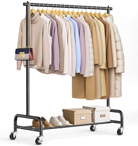 SLEEPING LAMB Heavy Duty Clothing Racks for Hanging Clothes Rack, 43 Wide Rolling Garment Rack Metal Clothing Hanger Rack with Wheels Wardrobe Rack for Coats, Shirts, Dress, (Black)