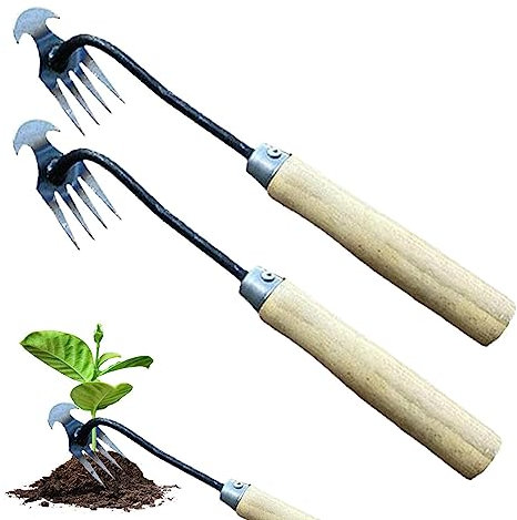 Kaxenig 2 Pièces Désherbeur Manuel, Désherbeur en Acier Inoxydable, Désherbeur À Main avec Manche en Bois, avec 4 Dents, Désherbeur Manuel pour Creuser, Sarcler, Détacher