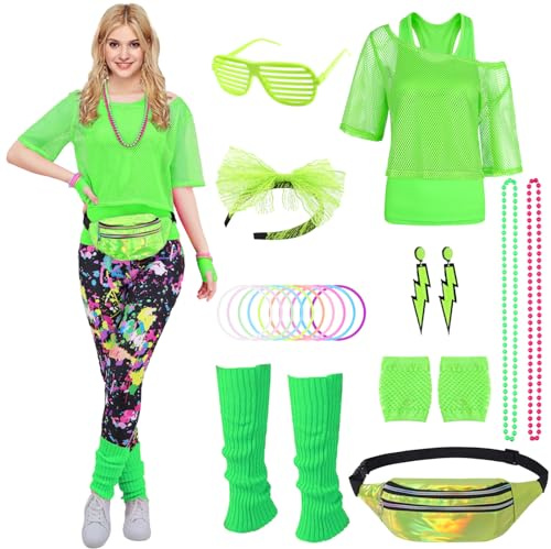 80er 90er Jahre Outfit Damen Neon 80 Jahre Outfit Party mit Netzshirt, Tank top, Bauchtasche, Beinwärmer, Stirnband, Ohrring Halskette 80er 90er Jahre Kostüm Zubehör Set für Karneval Mottoparty 030XL