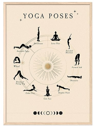 JUNOMI® Yoga Poster DIN A2 Rahmen Natur | Yoga Asanas, Übungen | Boho Wanddeko fürs Schlafzimmer und Yogastudio, 11 Haltungen im Kreis um eine goldene Sonne