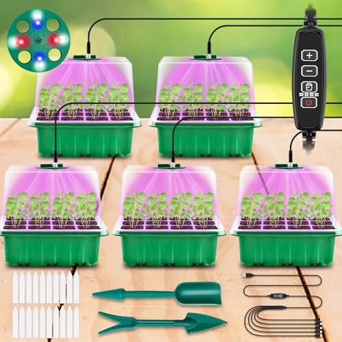 DazSpirit 5 Pièces Mini Serre pour Plantes avec lumière, Bac à semis avec couvercles, Serre Interieur avec 20 étiquettes & 2 Outils pour la Croissance des Semis, Jardinage