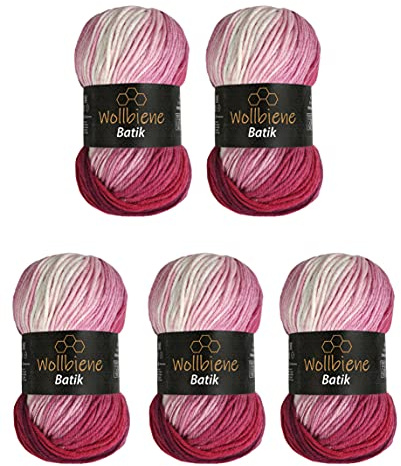 5 x 100g Wollbiene Batik 500 Gramm Wolle mit Farbverlauf mehrfarbig Multicolor Strickwolle Häkelwolle (5300N beere weiß)