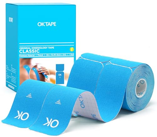 OK TAPE Kinesiologie Tape Vorgeschnittene,2 Rollen,5cm x 5 m,20Pcs,Blau | Latexfrei,wasserfest & elastisch,Physio Tape for für Knie, Schulter, Knöchel, Plantar, Gelenk und Körperstützung