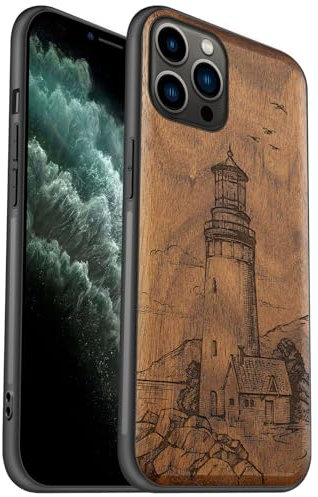 Carveit Coque en Bois pour iPhone 11 Pro Étui Protection Artistique Cover TPU Souple de téléphone Antichoc Compatible avec Apple 11 Pro Etui (Noyer-Le Phare)