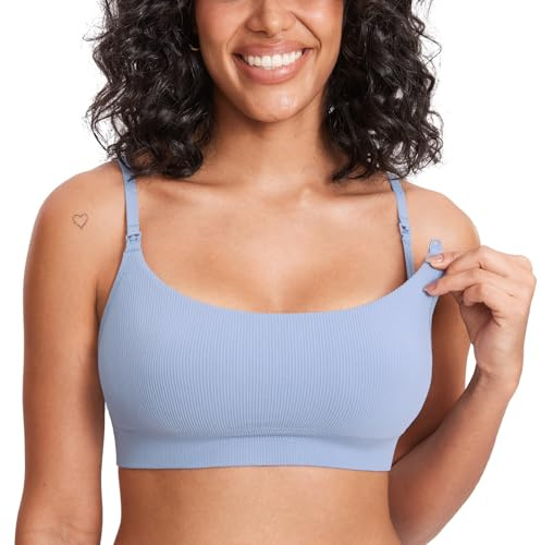 MOMANDA Reggiseno Allattamento Senza Ferretto a Costine Bralette Senza Cuciture Morbido Reggiseni Premaman Comodo per Dormire Blu Chiaro di Luna S
