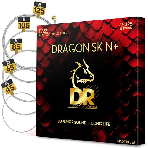 DR DBS5-45 Dragon Skin+ rostfritt stål bas gitarr strängar 45-125 - Strängset för 5-strängar basgitarr