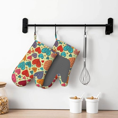 Silikon-Ofenhandschuhe, buntes Herzmuster, Ofenhandschuhe für Damen und Herren, hitzebeständige Grillhandschuhe, wasserdicht, rutschfest, Grillhandschuhe für Küche, Kochen, 2 Stück