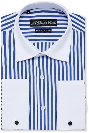 MrDoubleCollar Italian Design Chemise à manches longues avec double col contrasté pour homme Rouge et blanc, Rayures bleues, M